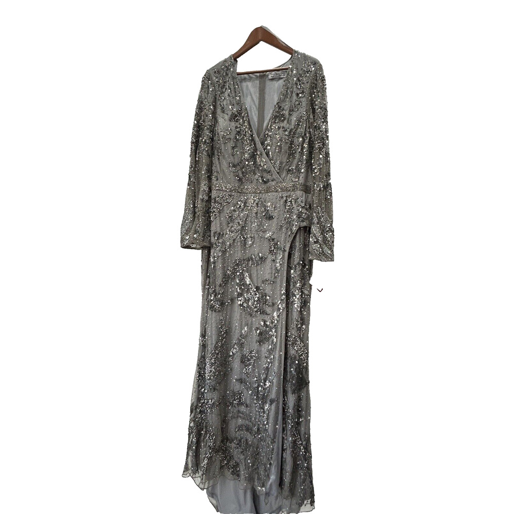 Mac Duggal Womens Size‎ 24 Gray Sequins Jeweled Belt Wrap Maxi Gown Dress NWT